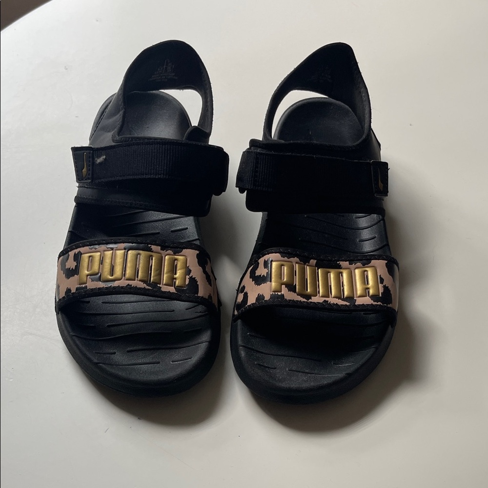 Puma Black & Tan Leopard Accent Strap Sandals